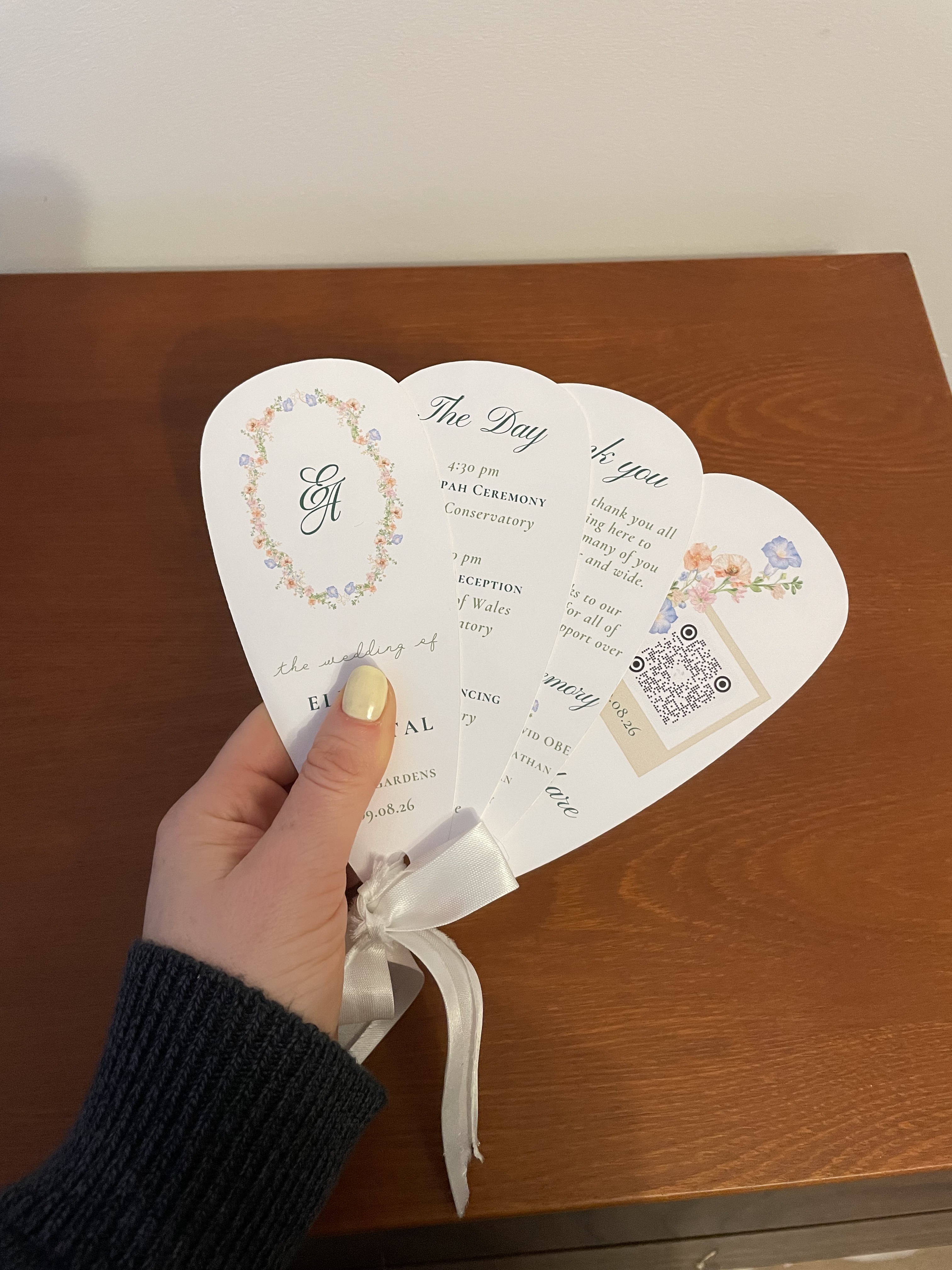 Handmade wedding fans and orders of service made with help from a rented Cricut machine.