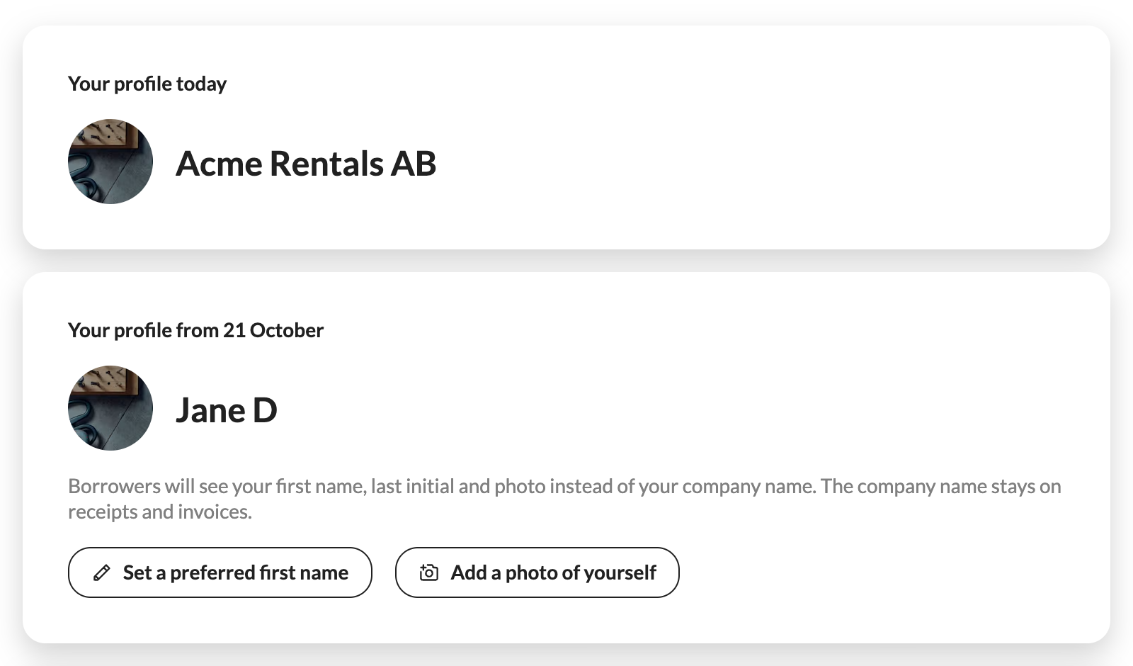 Your profile page with two cards: 'Your profile today' shows the company name, 'Your profile from 21 October' shows a first name, last initial and photo.